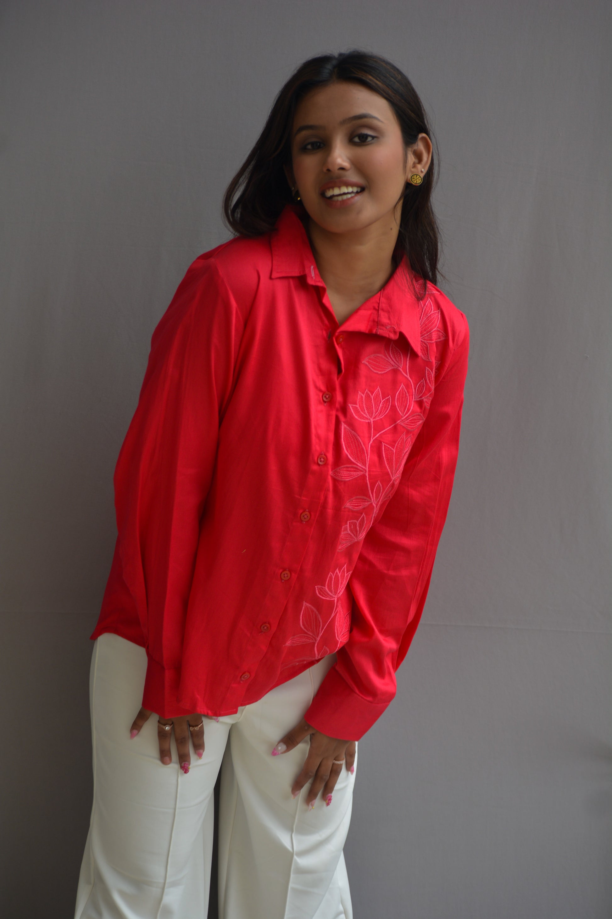 Pink Freehand Embroidery Shirt